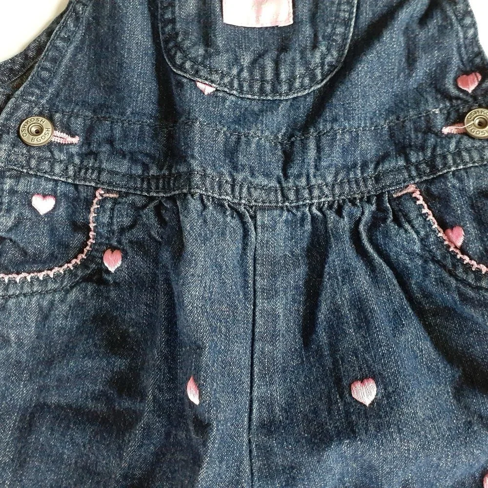 Oshkosh Girls Overalls Denim Jean Hearts Embroidered 18 Months
